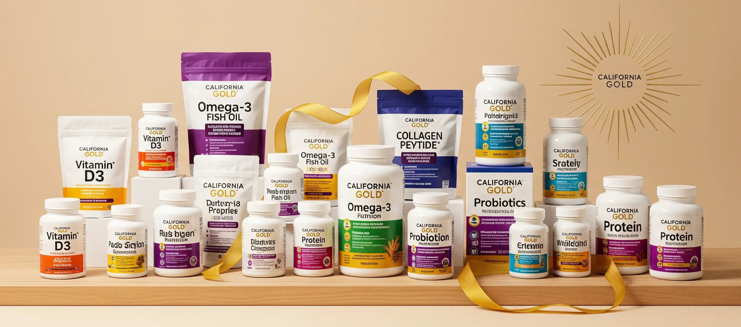 Image featuring a diverse collection of California Gold Nutrition products, such as Vitamin D3, Omega-3, Collagen, and Probiotics, to promote health and wellness.